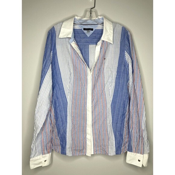 TOMMY HILFIGER Shirt Women XL Blue Red White Button Up Striped Americana - Picture 4 of 5